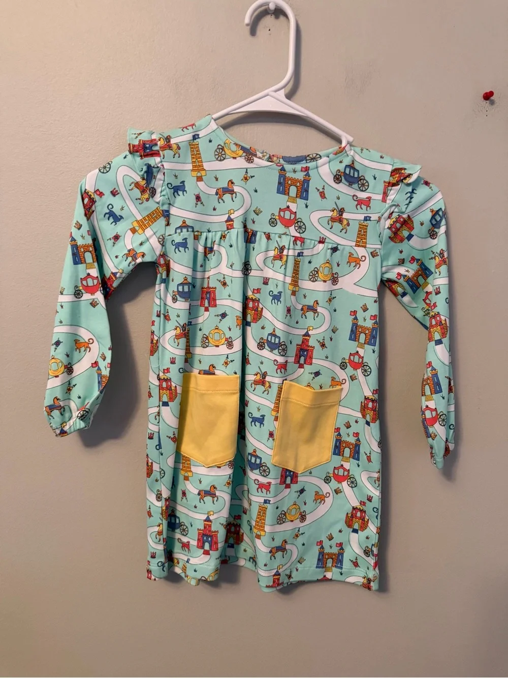 Bella Bliss Castle Print Long-Sleeve Dress with Yellow Pockets